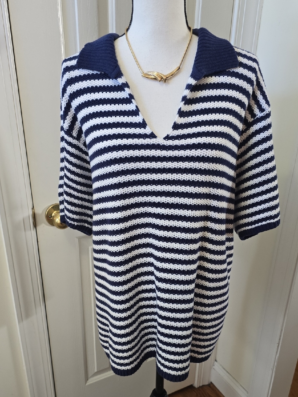 SONOMA BRAND WOMEN'S PLUS BLUE AND WHITE STRIPES SHORT SLEEVES SWEATER TOP 3X